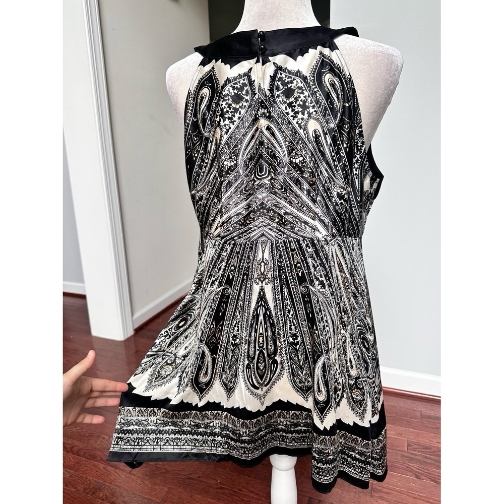 Cache Silk Black White Unique Pattern Beaded Embellished Asymmetrical Satin Top - Picture 9 of 12